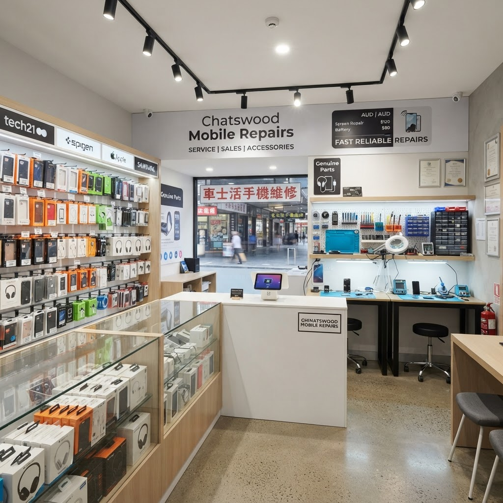 Fone Fix8 repair shop interior — professional repair station and accessories display in Chatswood NSW