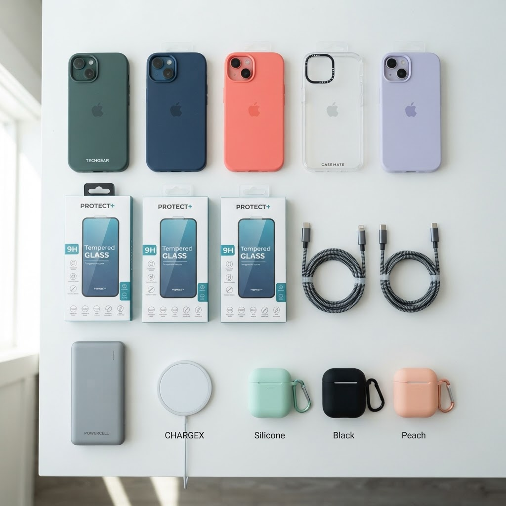 Mobile phone accessories display including cases, cables and screen protectors