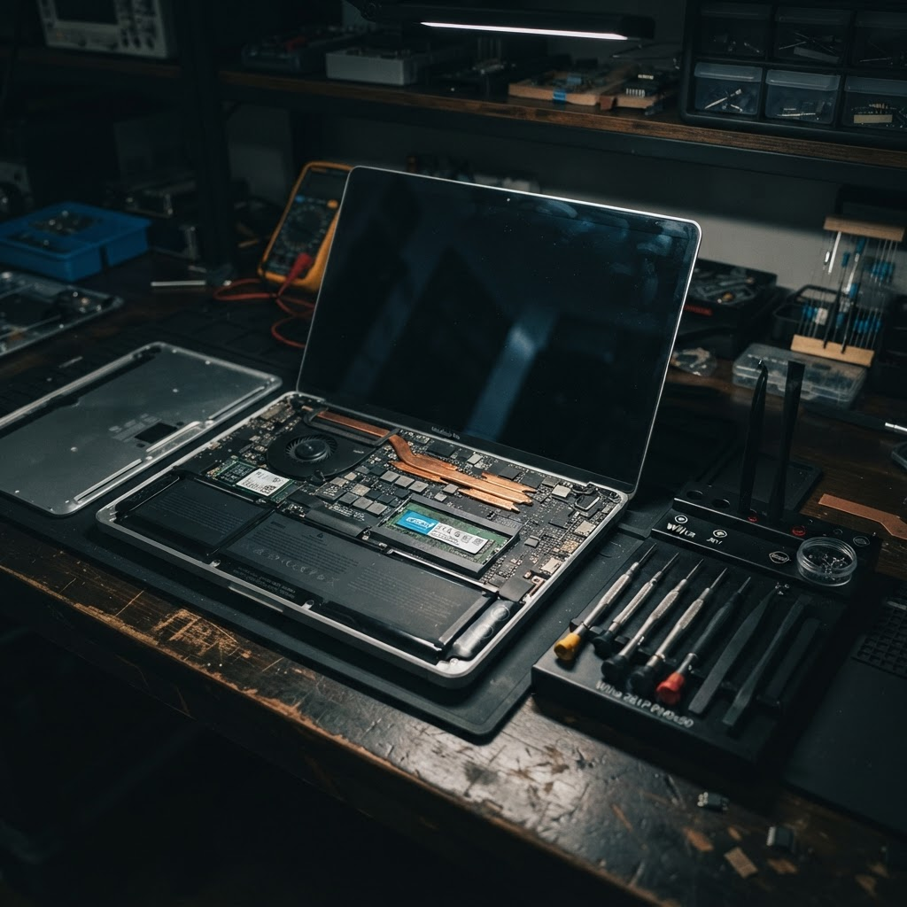 Open laptop with back panel removed showing internal components on a repair workbench