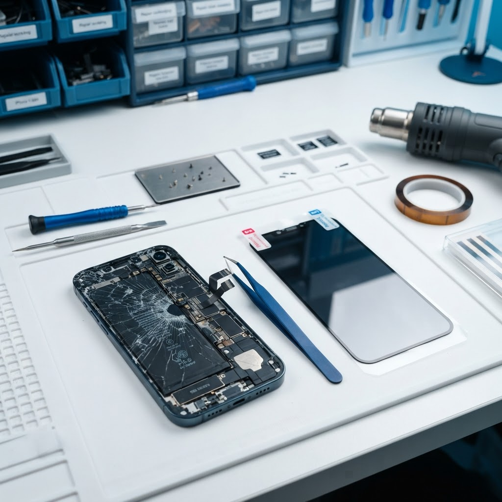 Cracked smartphone screen replacement on a repair workbench with precision tools