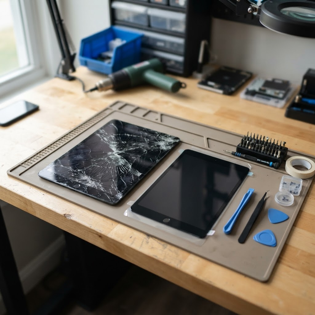 iPad tablet with cracked screen on repair workbench next to replacement parts